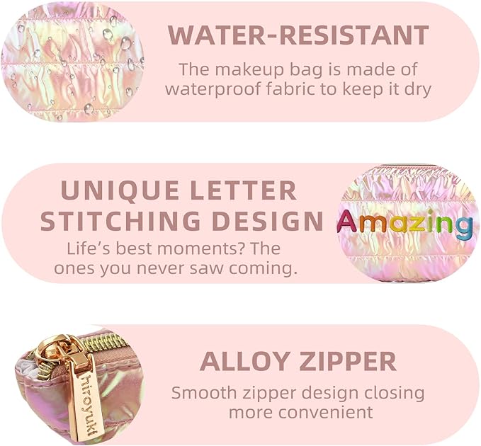 Hiroyuki Iridescent Quilted Makeup Bag, 3pcs Cosmetic Bag Set, Large Capacity Travel-Friendly Pouch (URAmazing, pink)