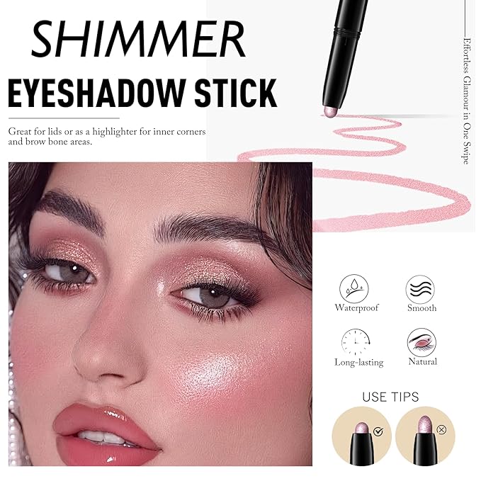 Shimmer Eye Shadow Stick, Cream Eyeshadow Stick Long-Lasting Crease-Proof Blendable Eye Brightener Pencil Multi-use for Eyeliner Highlighter Smooth Cream to Powder Eyes Crayon Makeup, 8 FANCY