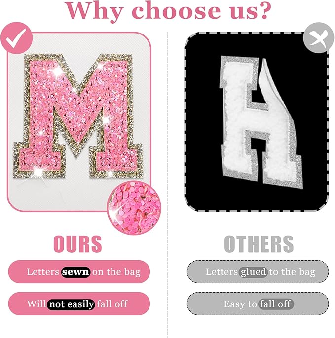 Initial Patch Makeup Bag, Small Preppy A-Z Glitter Cosmetic Bag, PU Leather Waterproof Travel Toiletry Bag, Cute Make Up Pouch Personalized Monogrammed Gift for Women Teen Girls (Letter M)