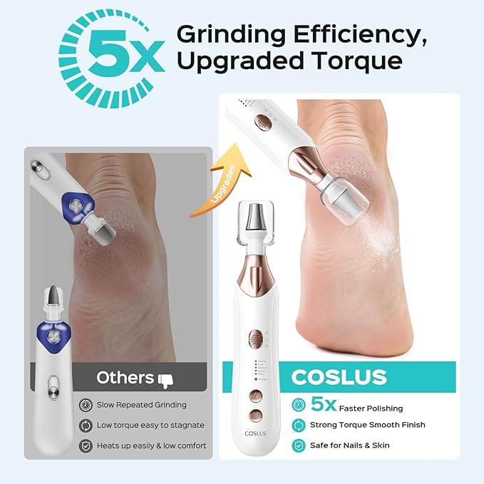 COSLUS Professional Pedicure Tools for Feet: Electric Nail File for Thick Toenails, Quiet High Precision, 5-Speed Motor Rechargeable Compact with LED & Steel Bits, Home Care for Adults & Seniors