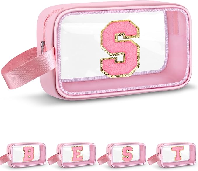 Initial Makeup Bag,Letter S Cute Clear Monogrammed Cosmetic Travel Bag for Womens Girls,Personalized Pink Aesthetic Traveling Make Up Organizer Bag for Beach,Waterproof Toiletry Bag