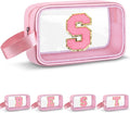 Initial Makeup Bag,Letter S Cute Clear Monogrammed Cosmetic Travel Bag for Womens Girls,Personalized Pink Aesthetic Traveling Make Up Organizer Bag for Beach,Waterproof Toiletry Bag