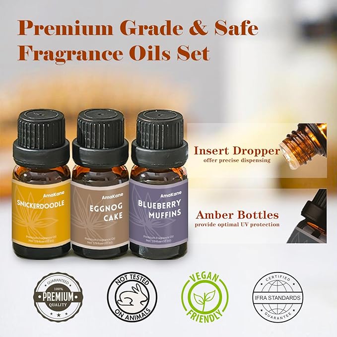 AmaKane Bakery Fragrance Oils, Fall Essential Oils for Diffuser, Candle Making, Soap Scents- Apple Cinnamon, Sugar Cookies, Snickerdoodle, Eggnog Cake, Blueberry Muffin, Hot Fudge, 6x10ml