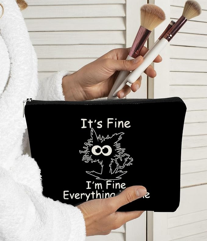 Funny Cute Cat Makeup Bag,Cat Lover Gifts For Women,Its Fine Im Fine Everythings Fine,Black Cat Cosmetic Bag Small Pouch,Birthday Gift,Coworker Gifts(Black)