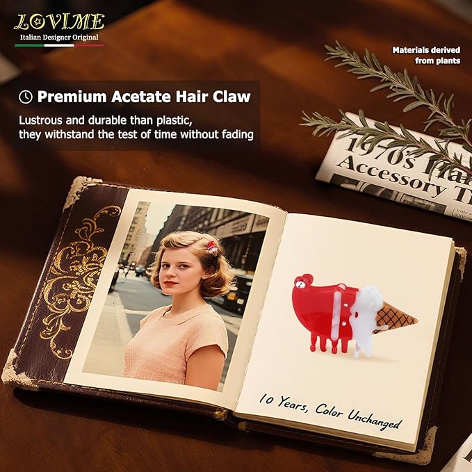 Original Italian Designed Mini Christmas Hair Claw Clips for Women, Strong Grip Plant-Based Acetate Hair Clips for Girls, Cute Santa Ice Cream Hair Accessories with Gift Box 1pcs