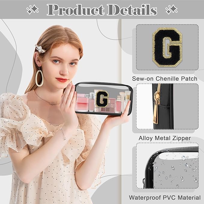 Personalized Initial Letter Clear Makeup Bag,Preppy Small Nylon&PVC Cosmetic Zipper Bag with Chenille Letter,Travel Skincare Toiletry Bag,Monogram Christmas Gift for Teen Girls Women,G