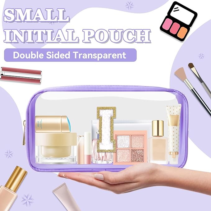 Small Clear Personalized Initial Makeup Bag,Nylon Preppy A-Z Chenille Letter Patch Cosmetic Pouch Beach Toiletry Bag,Waterproof Zip Travel Purse Storage Bag Organizer for Women Girls(Purple-White I)