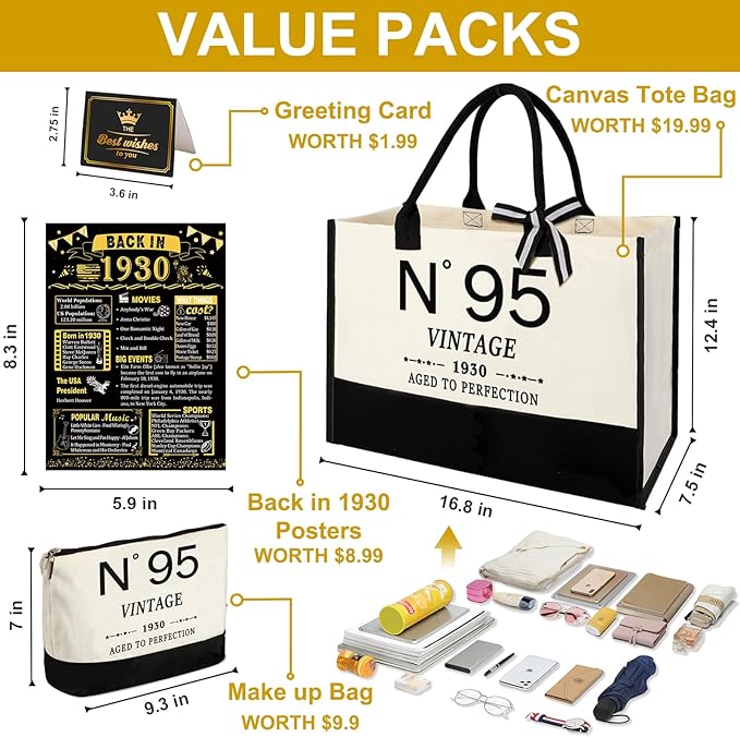 95th Birthday Gifts for Women Canvas Tote Bag Travel Gear,Unique 95 Years Old Gifts for Wife Mom Sister Aunt Friends Her, Vintage N°95 Handbag & Cosmetic Bag & Back in 1930 Poster