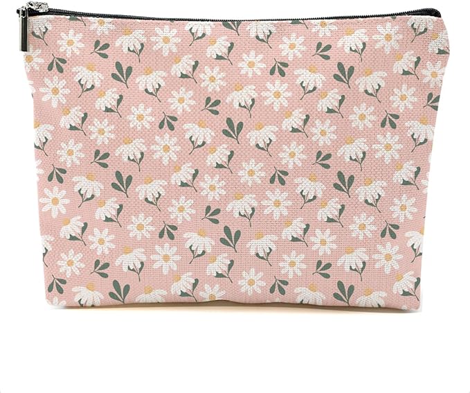 Vintage Daisy Flowers Makeup Bag Floral Cosmetic Bag Friend Friendship Gifts for Women Girls Sister Coworker Auntie Botanical Travel Organizer Zipper Pouch Christmas Thanksgiving Birthday Gifts