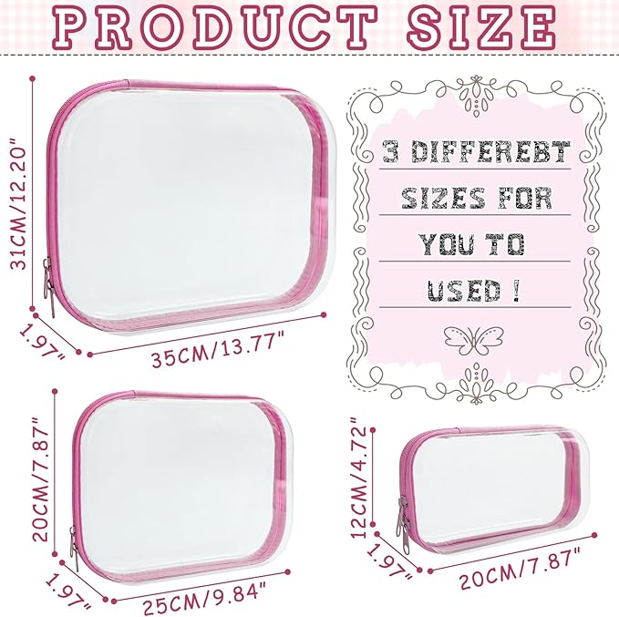 3 Pcs Clear Hard Zipper Case, Hard Shell Plastic Clear Organizer Bag, Transparent Makeup Pouches, Portable Box for Travel Toiletries Storage Bins (Pink, Multi)