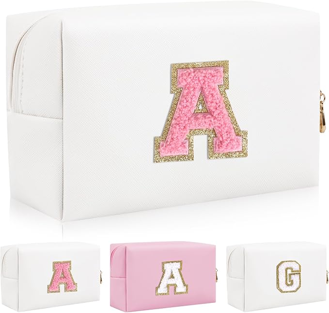 Personalized Initial Letter Patch Makeup Bag, Preppy Portable Chenille Cosmetic Bag with Zipper, PU Leather Waterproof Travel Toiletry Bag Monogram Make Up Pouch for Women Girls