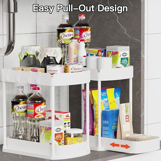 Ukeetap 2 Pack Multi-Purpose Pull-Out Storage Organizers, Under Sink & Cabinet Storage, 12.8 Inch, White (白色)