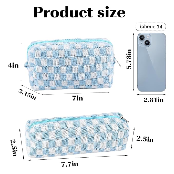 2Pcs Checkered Pencil Case Cute Pencil Pouch for Teens Checkered Makeup Bag Travel Cosmetic Bag Set Cute Makeup Pouch for Purse Portable Zippered Skincare Bags Preppy Toiletry Bags Organizer(Blue)
