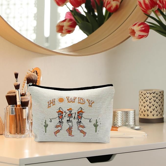 Howdy Western Halloween Makeup Bag, Western Gifts for Women, Funny Halloween Gifts for Women,Gothic Dancing Skeleton Cosmetic Bag Pouch, Dark Academia Makeup Pouch, Horror Makeup Bag