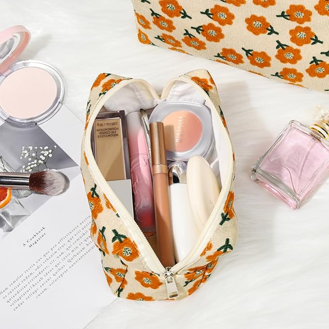 SOIDRAM 2 Pieces Flower Makeup Bag Large Corduroy Cosmetic Bag Capacity Canvas Mix Travel Toiletry Bag Organizer Cute Makeup Brushes Aesthetic Accessories Storage Bag for Women, Flower Mix Orange