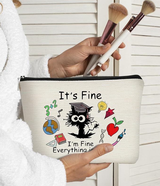 It's Fine Everything is Fine Cat Makeup Bag for Teen Girl Women,Cosmetic Bag Zipper Travel Toiletry Bag Best Gift Idea for Cat Lovers Teen Girls,Cat Owners Gifts,Birthday Gift,Graduation Gifts 2024