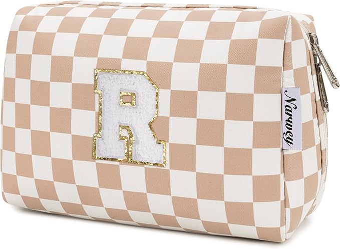 Narwey Birthday Gifts for Women Teen Girls Kids Personalized Initial Checkered Makeup Bag Cute Cosmetic Bag Trendy Stuff 6 8 10 11 12 13 14 16 18 Years Old Travel Toiletry Bag (Brown Letter R)