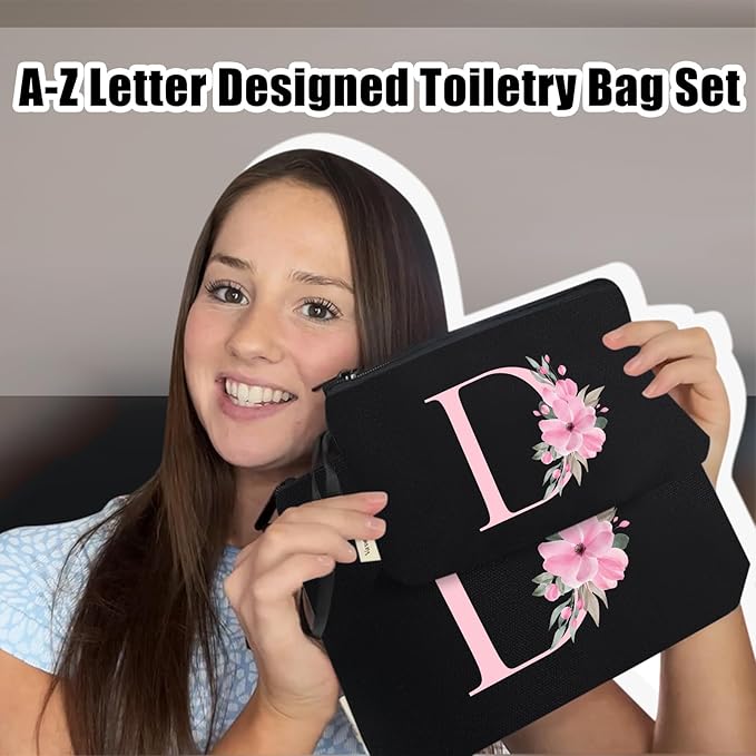 Vavabox A-Z Personalized Makeup Bag, Birthday Gifts for Women Mom, Gifts for Best Friend, Bride Bridesmaid Cosmetic bag (D, 04-Black Set)