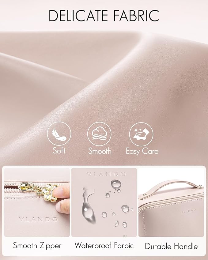 Vlando Makeup Bag,Large Capacity Toiletry Bag for Women Waterproof Portable Make up Pouch PU Leather Open Flat Cosmetic Bag(Light Pink)