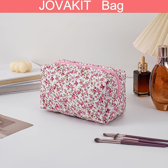 JOVAKIT Square Makeup Bag Cute Cosmetic Bag for Women, Floral Coquette Aesthetic Toiletry Bag, Zipper Make Up Pouch, Travel Make Up Organizer Bag (Red Floral)