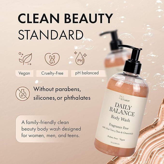 Daily Balance Body Wash – Natural Fragrance Free Cleanser – Plant-Based Hydrating Shower Gel with Oatmeal, Aloe & Chamomile – Vegan, pH Balanced, Sulfate-Free Clean Beauty Care. 12 Fl Oz (355 ML)