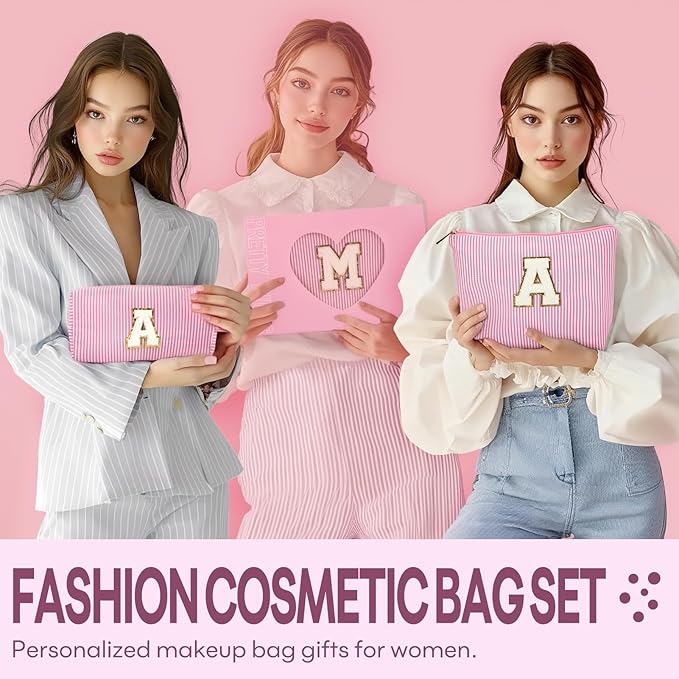 2 PCS Initial Makeup Bags for Women: Cosmetic Bag for Travel Toiletry - Birthday Gifts for 11 12 13 14 15 16 17 18 Years Old Girl Graduation Teacher Gift- Teen Girl Gifts Trendy Stuff - Pink H