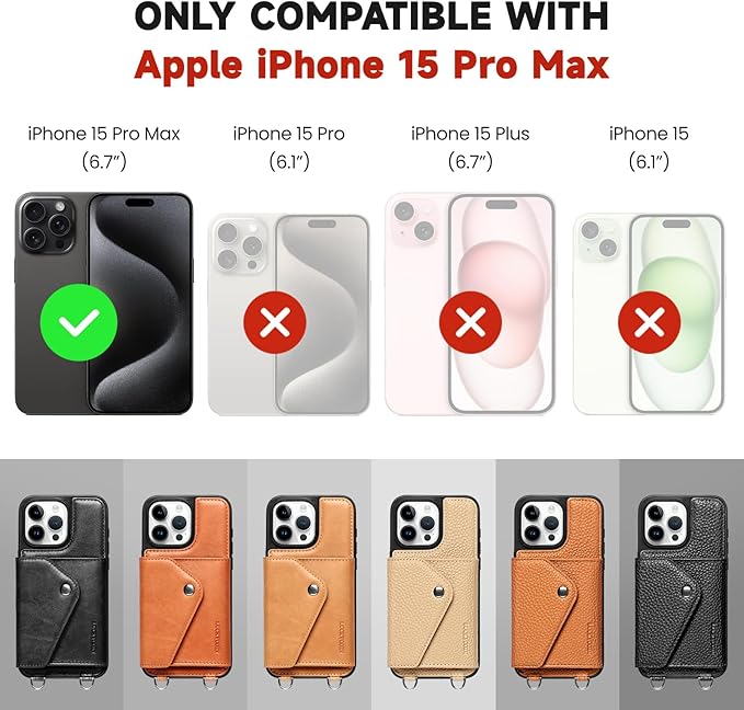 LUCKYCOIN Crossbody Wallet Phone Case for iPhone 15 Pro Max,100% Genuine Leather Wallet Phone Case with Expandable Flip Card Holder,Phone Purse for Women with Adjustable Removable Strap - Tan