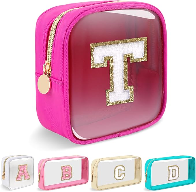 Mini Clear Personalized Initial Makeup Bag,Small Nylon Waterproof Zip Beach Cosmetic Pouch,Preppy A-Z Chenille Letter Patch Cute Coin Purse Travel Toiletry Bag Car Pack Bag for Women(Hot Pink-White T)