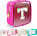 Mini Clear Personalized Initial Makeup Bag,Small Nylon Waterproof Zip Beach Cosmetic Pouch,Preppy A-Z Chenille Letter Patch Cute Coin Purse Travel Toiletry Bag Car Pack Bag for Women(Hot Pink-White T)