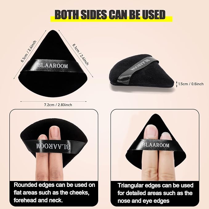 BLAAROOM 12 Pieces Powder Puff Face Makeup Puff, Velour Triangle Powder Puffs for Loose Powder Soft Cosmetic Foundation Sponges Wedge Shape Beauty Makeup Tools - Black