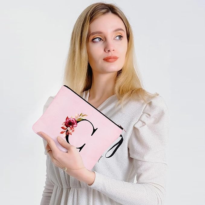 Vavabox A-Z Personalized Makeup Bag, Birthday Gifts for Women Mom, Gifts for Best Friend, Bride Bridesmaid Cosmetic bag (C, Pink)