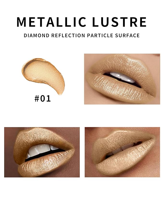 Glitter Metallic Shimmer Light Gold Lipstick Long Lasting,Diamond High Pigmented Nude Red Metallic Matte Liquid Lipstick Non-Stick Lip Gloss,Transfer Proof Lip Color Lip Stick Makeup for Women-01