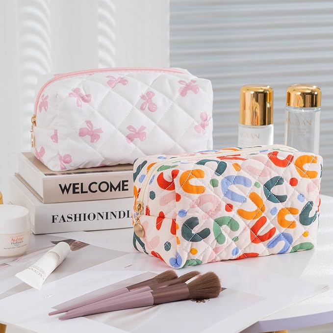 Makeup Bag Travel Toiletry Bag for Women, Small Cosmetic Bags Cute Quilted Cotton Makeup Pouch for Purse Emergency Bag for School Floral Pencil Case Accessory Bag, Colorful