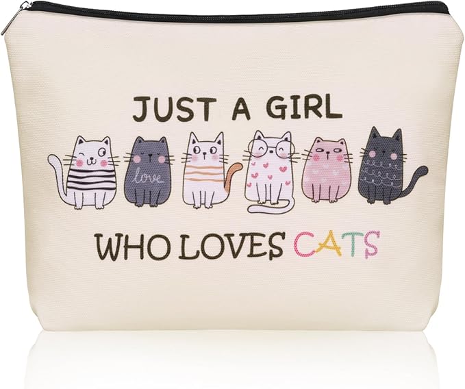 Cat Makeup Bag For Cat Lover Christmas Gift: Cute Cosmetic Bag & Toiletry Pouch Just A Girl Who Love Cats Themd For Mom, Daughters, Friends,Teen Girl & Women.Ideal Gifts For Travel, Birthdays.