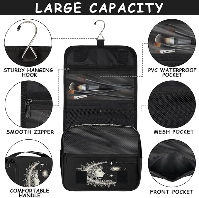 Travel Toiletry Bag for Women & Men Ethnic Moon Sun Hanging Cosmetic Organizer Portable Waterproof Makeup Case Make Up Bag with Compartments Travel Essentials for Bathroom Shower