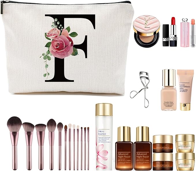 Initial A-Z Personalized Letter Makeup Bag, Monogrammed Bridesmaid Gifts/Presents Cosmetic Bag, Portable Stationery Storage Organizer Pouch, Friendship Love Travel Makeup Bags