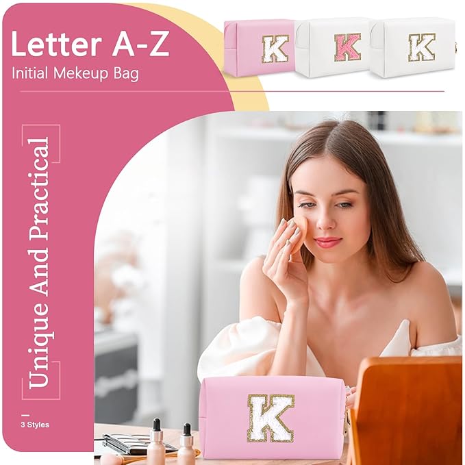 Personalized Initial A-Z Preppy Patch Makeup Bag,Small PU Chenille Letter Cosmetic Bag with Zipper for Teen Girls,Pink Cute Toiletry Organizer Bag,Monogram Makeup Case Gift for Women Girls,Letter K