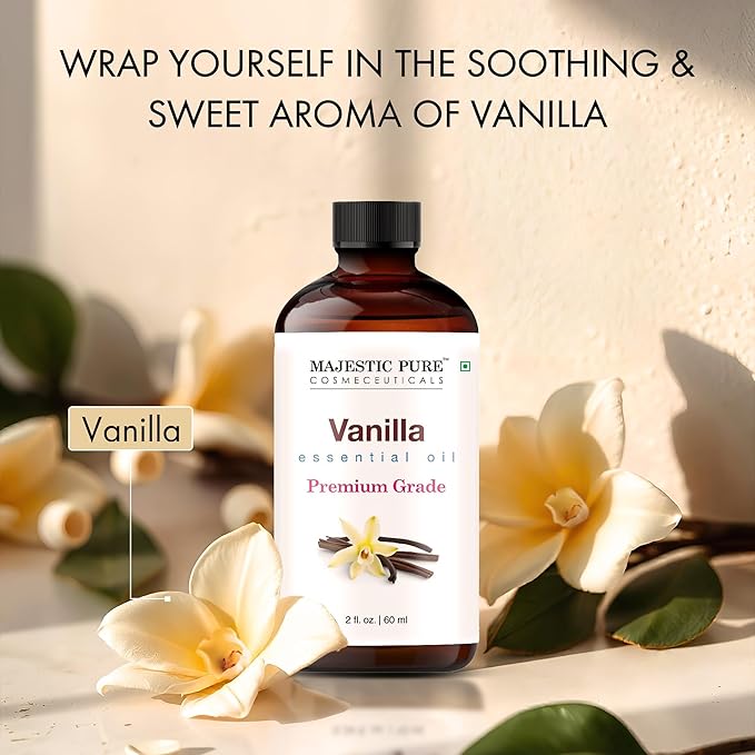Majestic Pure Vanilla Essential Oil with Glass Dropper - 2 Fl Oz - 100% Pure and Natural Vanilla Oil - Premium Grade Essential Oils for Diffuser, Aromatherapy, Soap and Candle Making