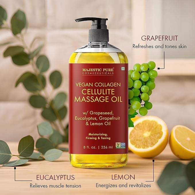 MAJESTIC PURE Massage Oil for Massage Therapy - Refreshing, and Relaxing - Natural Oils - for All Skin Types - Men and Women (8 Fl Oz, Cellulite Massage Oil with Roller)