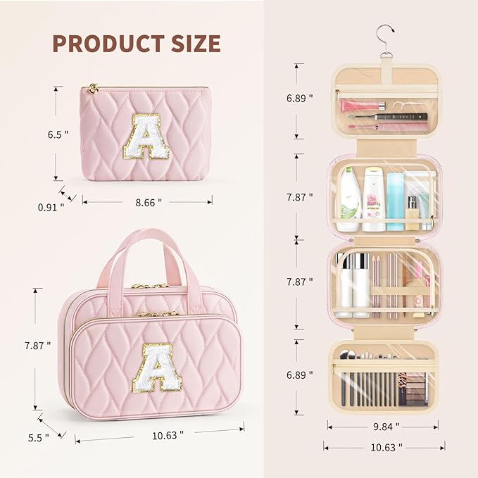 YOOLIFE Travel Toiletry Bag for Women - Hanging Toiletry Bag, Large Capacity Personalized Makeup Pouch, Travel Essentials - Letter Pink D
