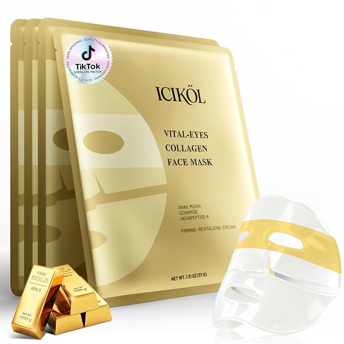 Collagen Face Mask Overnight, 24K Gold and Snail Mucin Sheet Masks for Ageless Eyes, Glass Glow and Skin Hydrating Boost, Jelly Facial Mask for Women, Dull Skin, 37gx4ea(Gold)