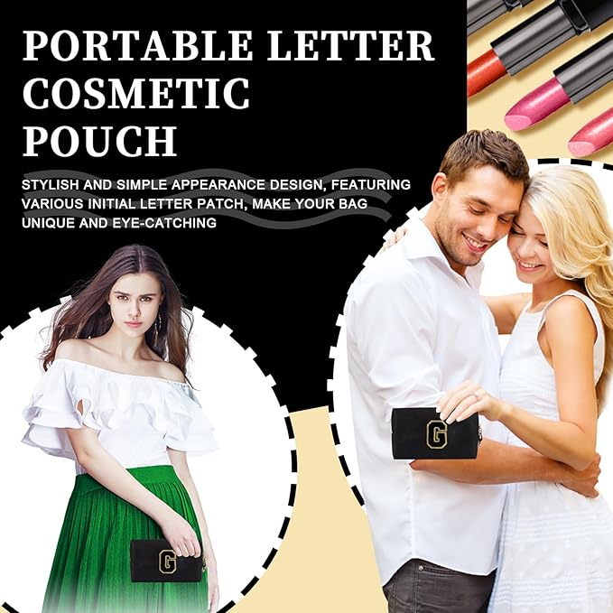 Iqimott Personalized Initial Letter Patch Makeup Bag Preppy Portable Chenille Letter Cosmetic Bag Zipper PU Leather Waterproof Travel Toiletry Bag Monogram Make Up Pouch Women Girls(Letter G)