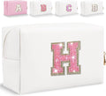 Glitter Initial Letter Makeup Bag, Small Personalized Sequins Letters PU Leather Cosmetic Bag Portable Waterproof Makeup Zipper Pouch, Shine Handbag Organizer Travel Bag Gifts for Women&Girls(White-H)