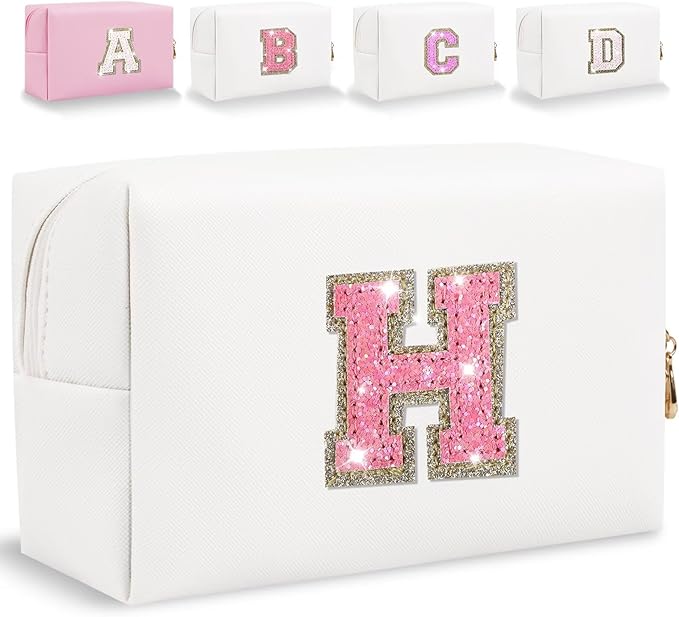 Glitter Initial Letter Makeup Bag, Small Personalized Sequins Letters PU Leather Cosmetic Bag Portable Waterproof Makeup Zipper Pouch, Shine Handbag Organizer Travel Bag Gifts for Women&Girls(White-H)