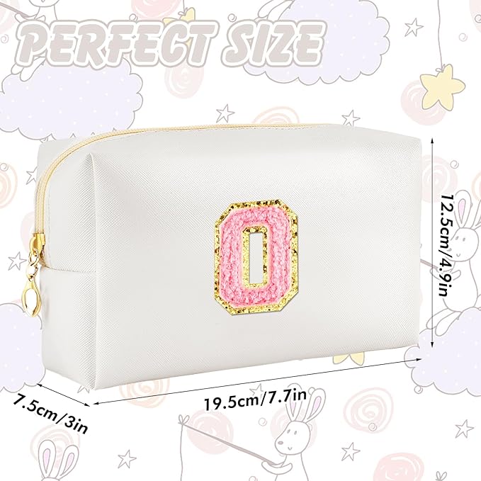 Initial Makeup Bag Personalized Preppy Travel Small Cosmetic Bag Cute PU White Chenille Letter Makeup Pouch for Purse Waterproof Zippered Toiletry Organizer for Women Girls Kids Friends (O)