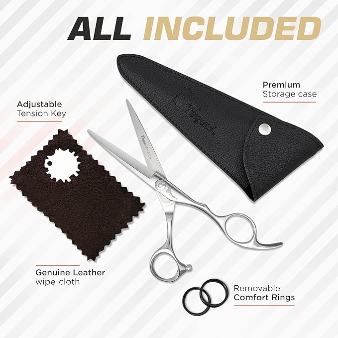 Fagaci Left Handed Hair Cutting Scissors 6 Inch with Extremely Sharp Blades, 440C Steel Hair Cutting Scissors, Durable, Smooth Motion & Fine Cut, Barber Scissors with Elegant Sheath