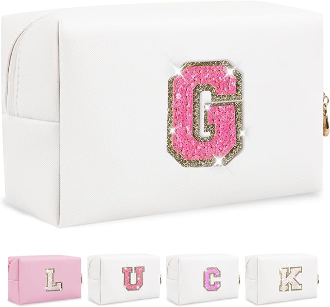 Initial Letter Patch Makeup Bag, Preppy Glitter Pouch Cosmetic Bag, Small PU Travel Toiletry Bag Zipper, Personalized Monogrammed Gift for Friends, Sisters & Teens (G)