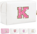Initial Letter Patch Makeup Bag, Small Preppy A-Z Glitter Letter Cosmetic Bag, PU Leather Waterproof Travel Toiletry Bag, Cute Make Up Pouch Personalized Monogrammed Gift for Women Teen Girls