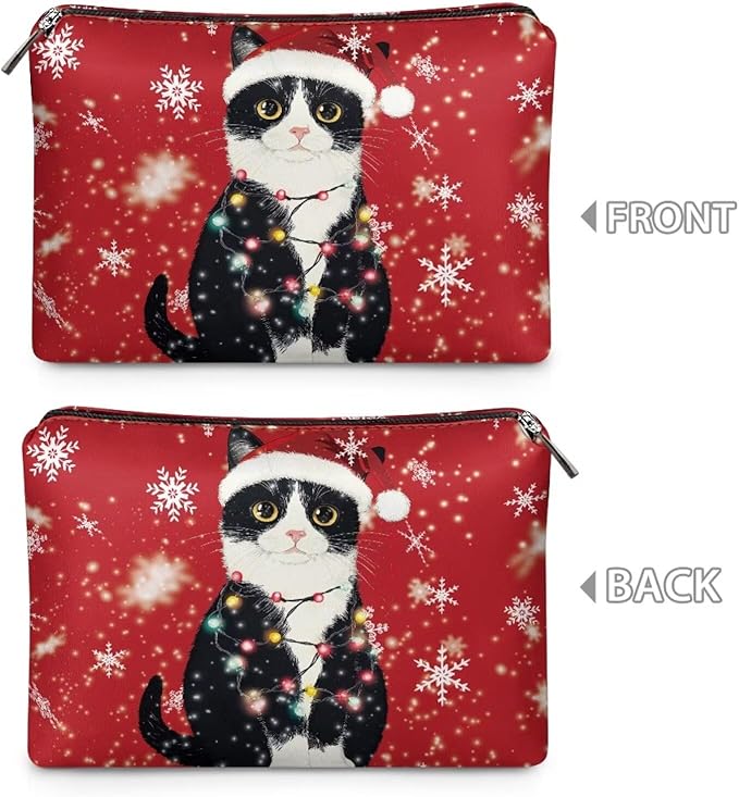 COEQINE Christmas Lights Cute Cat Makeup Bag Small Organizer Red Snowflake Leather Cosmetic Bag For Purse with Zipper Waterproof Artist Organizer Bag Cute Pencil Pouch