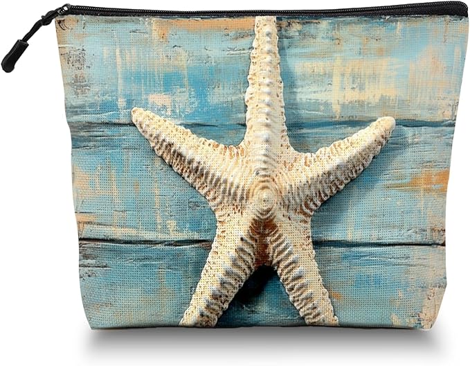 Cosmetic Bags Travel Makeup Toilet Case Waterproof Pouch for Women Girls 6.7X9.45inches - Starfish on A Weathered Blue Wooden Board